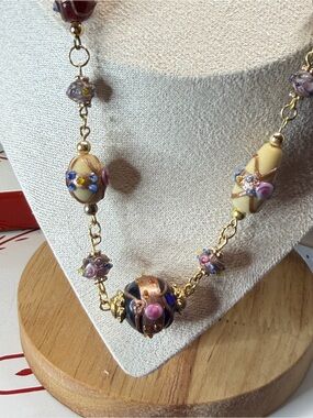 Wedding Cake Handcrafted Floral Glass Bead Necklace in Cream, Purple and Gold